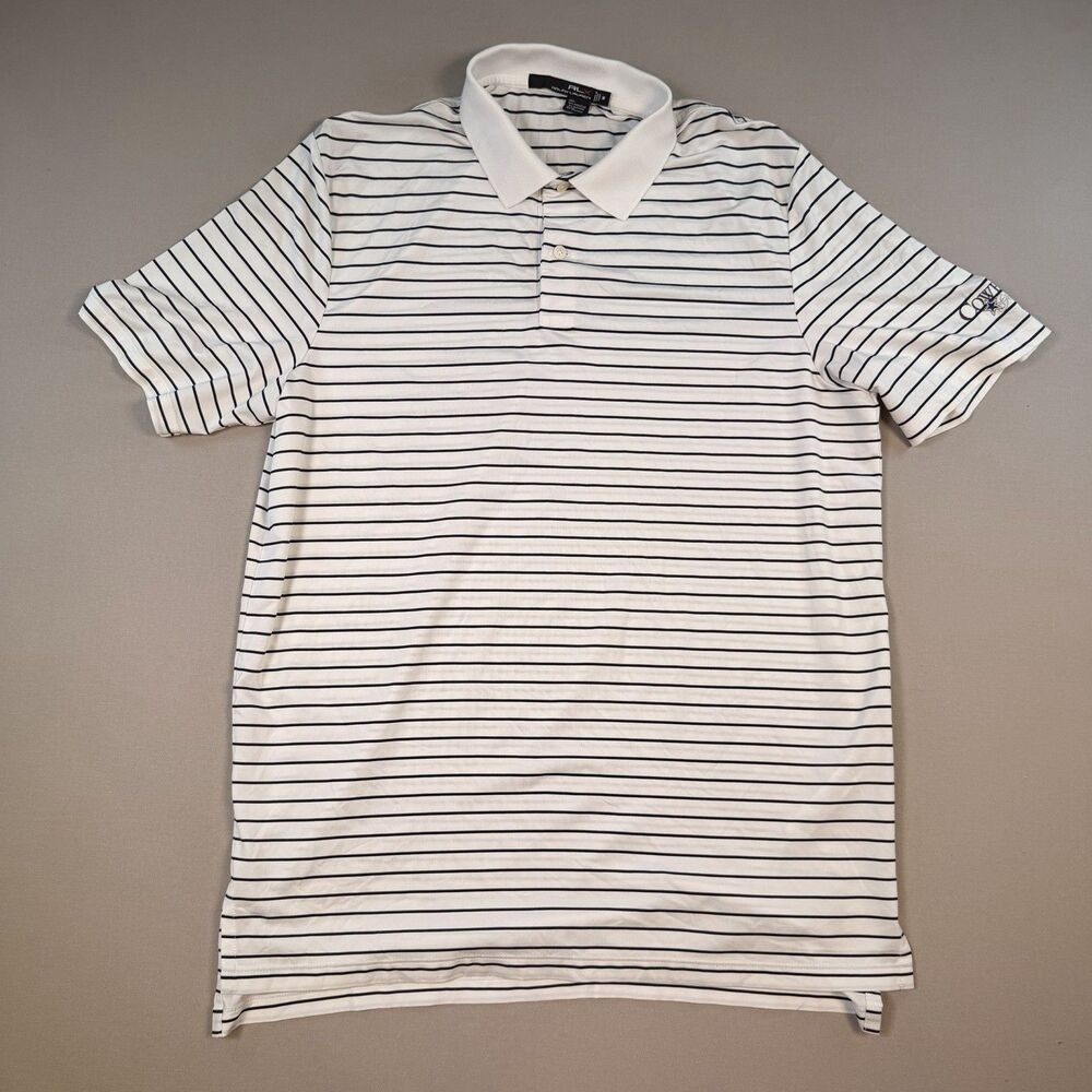 RLX Ralph Lauren Golf Polo Mens M White Blue Striped Performance Stretch Cowboys